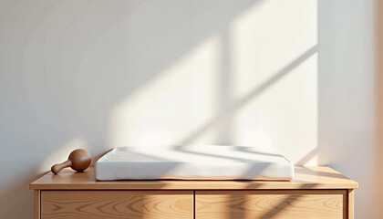 Minimalist changing table with white mat and wooden toy in sunlight