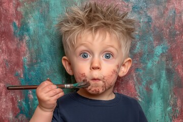 Curious Young Artist with Paintbrush and Smudged Face