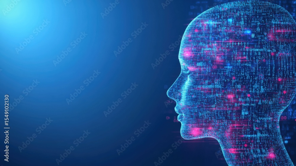 Poster digital human profile with futuristic data and technology overlay in blue light