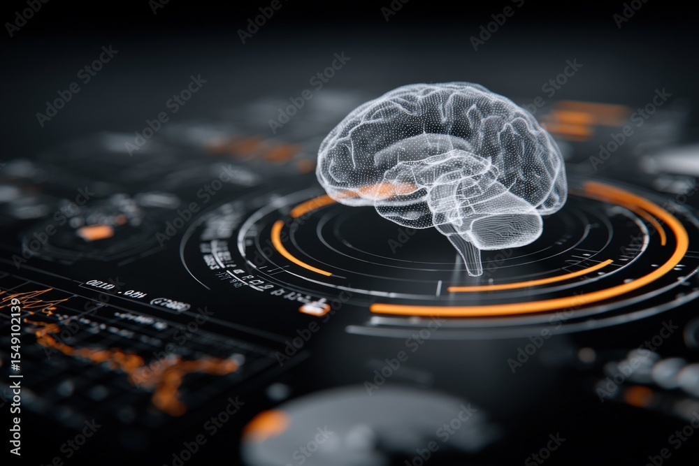 Aufkleber Futuristic digital brain hologram display on a high-tech interface with glowing elements
