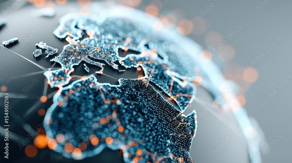 Poster highly detailed digital visualization of earth with illuminated continents and network connections
