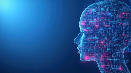 Obraz premium Digital human profile with futuristic data and technology overlay in blue light