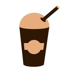 Iced coffee frappe in takeaway cup with dome lid and straw isolated on white background. Flat vector beverage illustration with label.