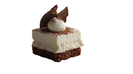 Creamy tiramisu square with chocolate garnish and whipped cream topping on a rich cake base tempting dessert transparent background