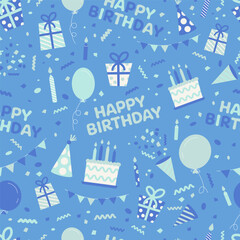 Seamless pattern with birthday cakes, balloons, candles, confetti, gift boxes, party hats and “Happy Birthday” text on blue background.