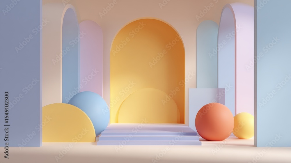Poster Minimalist Abstract Scene with Colorful Shapes and Soft Pastel Arches Display