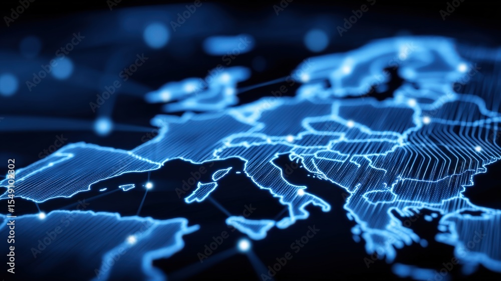 Poster Futuristic Digital Map of Europe and Asia with Glowing Network Lines and Data Points