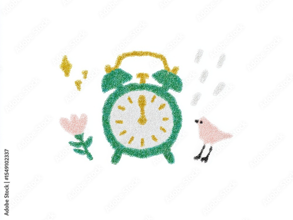 Poster whical colorful clock with a pink bird flower and rain in a playful hand-drawn style