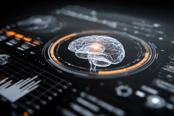 Futuristic digital brain interface displaying holographic neural network with data visualization