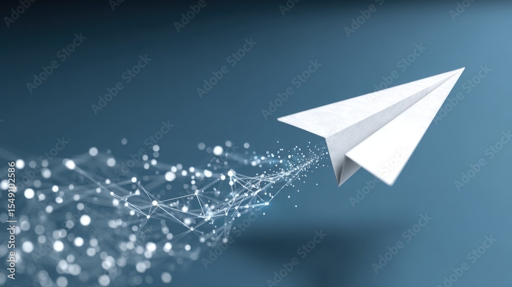 Poster modern white paper airplane flying through digital network with glowing particles