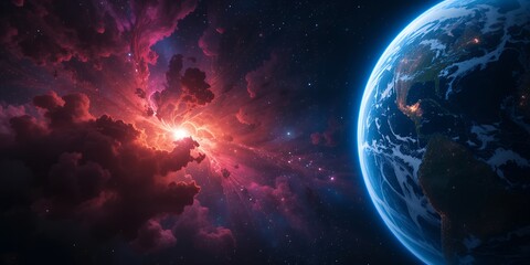 Vivid cosmic explosion illuminating colorful nebula with earth in foreground in space scene