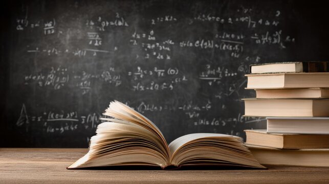 Knowledge of books and mathematical equations on the blackboard