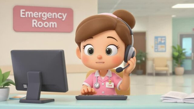 Cartoon Character Working at Emergency Room Reception