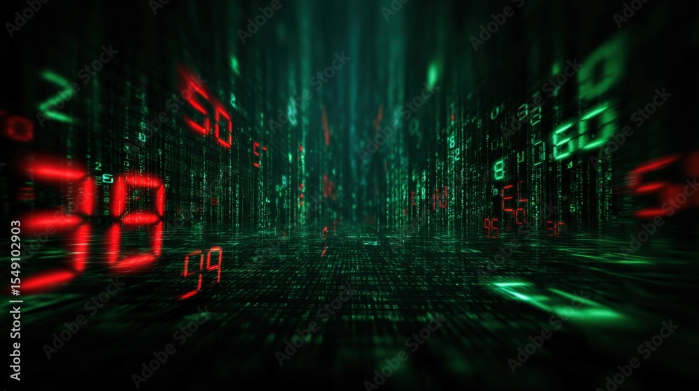 Poster Futuristic digital technology scene with glowing numbers and green matrix codes