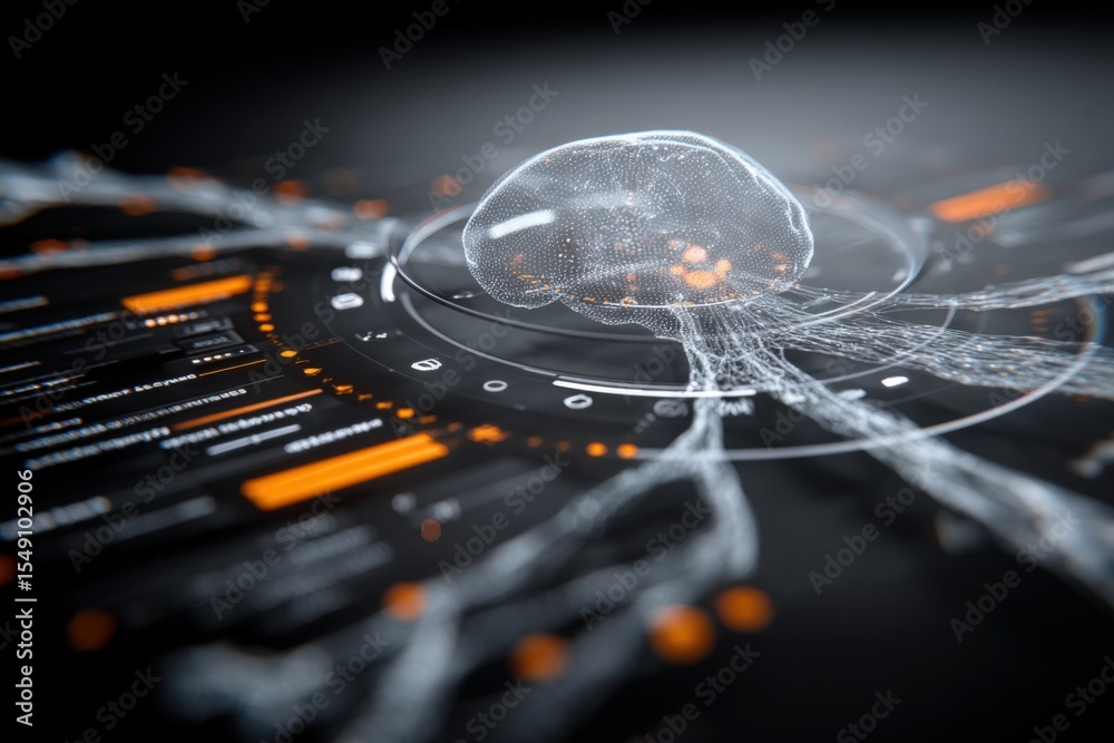 Poster Advanced futuristic digital interface with holographic brain visualization and glowing data points