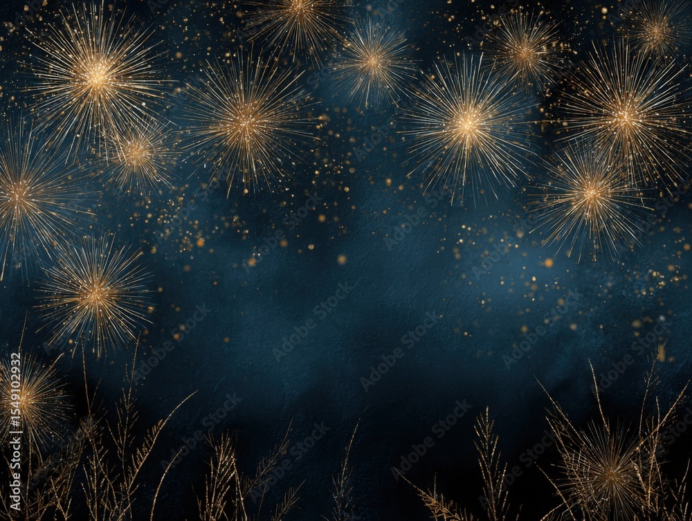 Poster fireworks display illuminating night sky with golden explosions and sparks