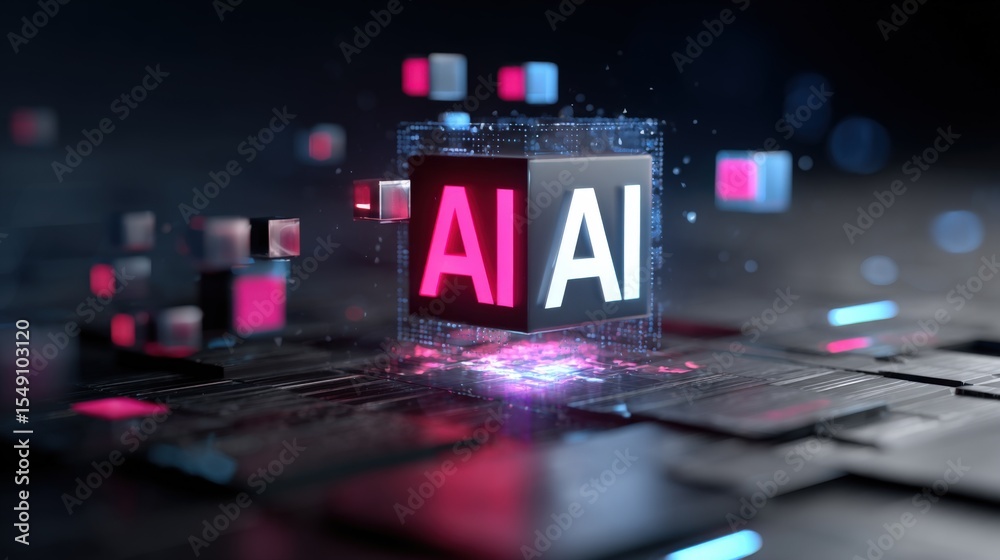 Poster Futuristic digital AI technology cubes with glowing neon lights and computer chip background