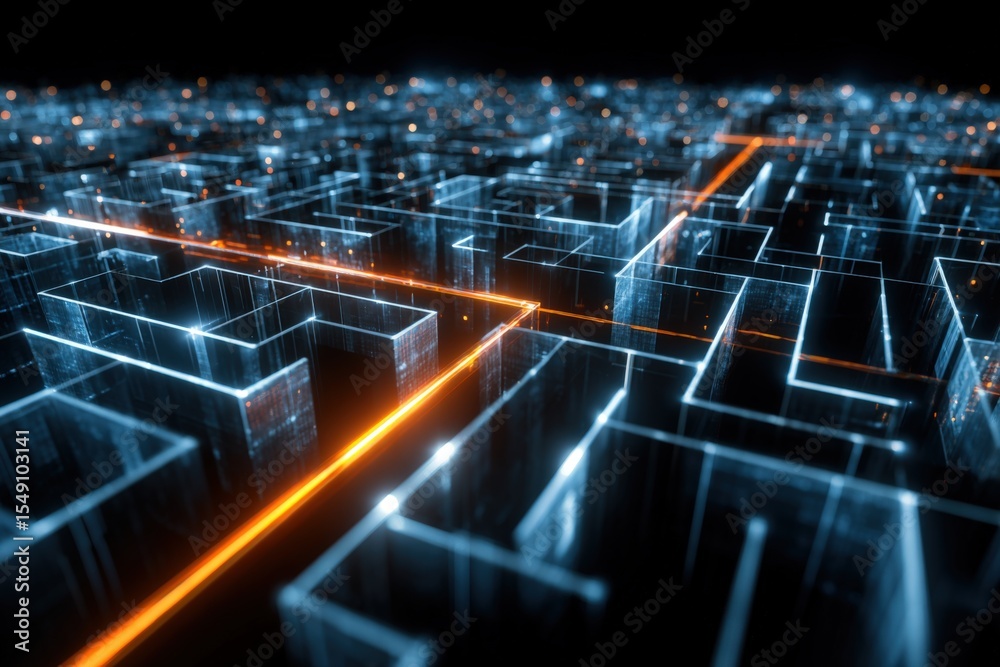 Aufkleber Futuristic Digital Network with Glowing Lines and Complex Connectivity Visualization