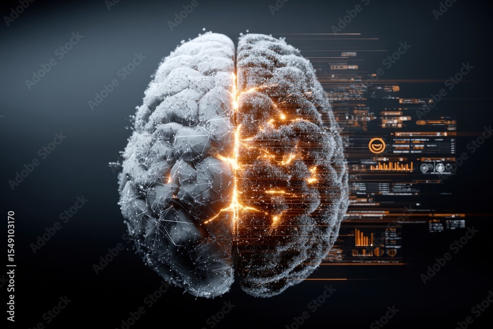 Fototapete Digital Brain Technology Concept with Neural Network and Data Visualization