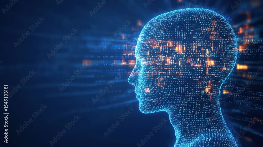 Poster digital human head profile with data stream visuals in futuristic technology style