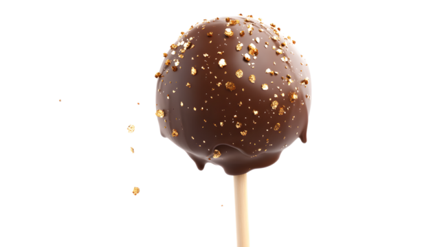 A chocolate covered stick with gold sprinkles on top. The stick is a skewer, and the sprinkles are gold and shiny. The chocolate is rich and smooth - Powered by Adobe