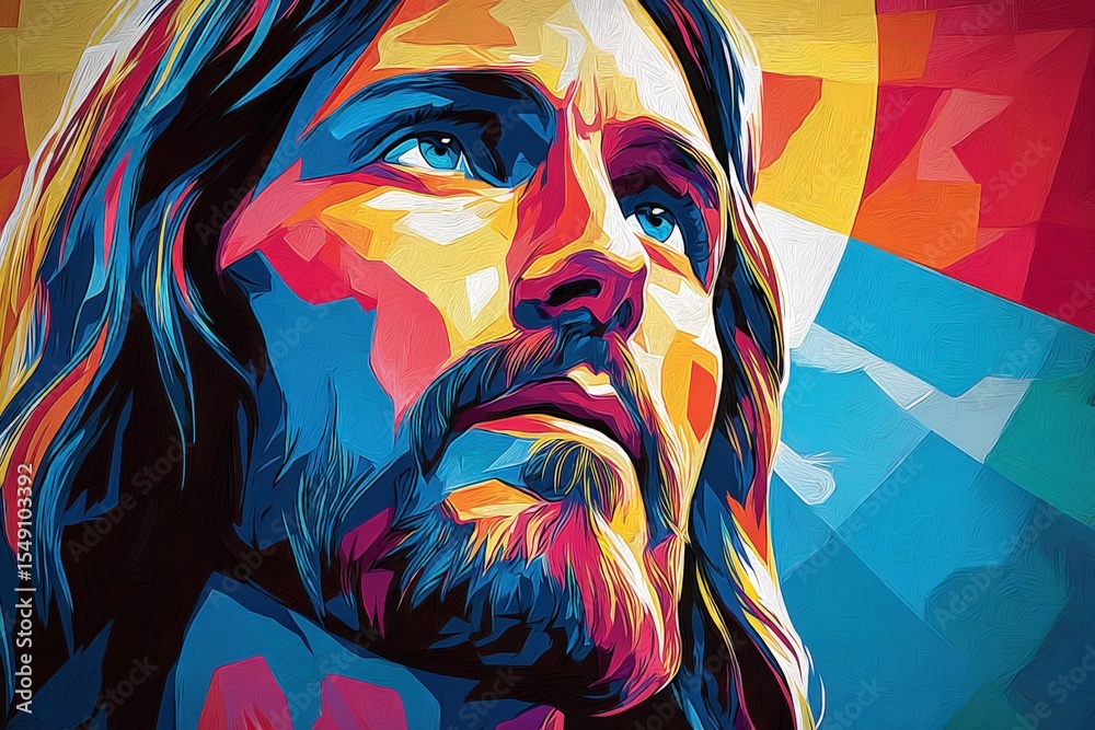 Poster artistic colorful portrait of a man with long hair and beard in a modern abstract style