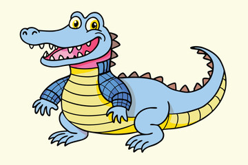 A cheerful light blue cartoon alligator smiles broadly, revealing its pink mouth and sharp teeth