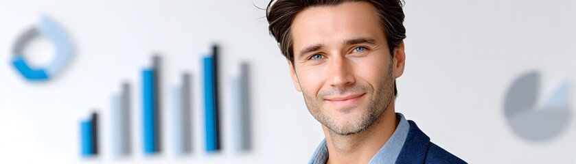 Obraz premium Editorial photo of a financial advisor in a meeting room with charts on the wall, editorial photography style