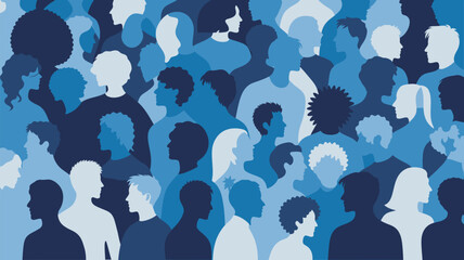 abstract silhouettes of diverse people in blue tones representing community, unity, inclusion, and social connection on white background