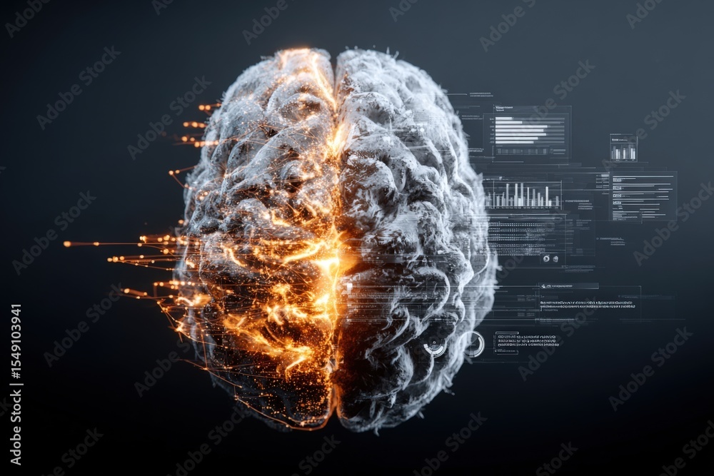 Fototapete High-tech digital brain with glowing neural network and data streams visualization
