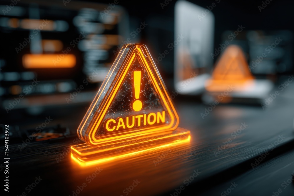 Poster bright neon caution sign with exclamation mark on dark desk surface in modern work environment