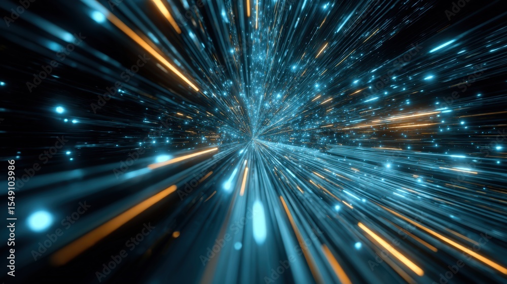 Poster vibrant light speed motion abstract with dynamic blue and gold lines and sparks