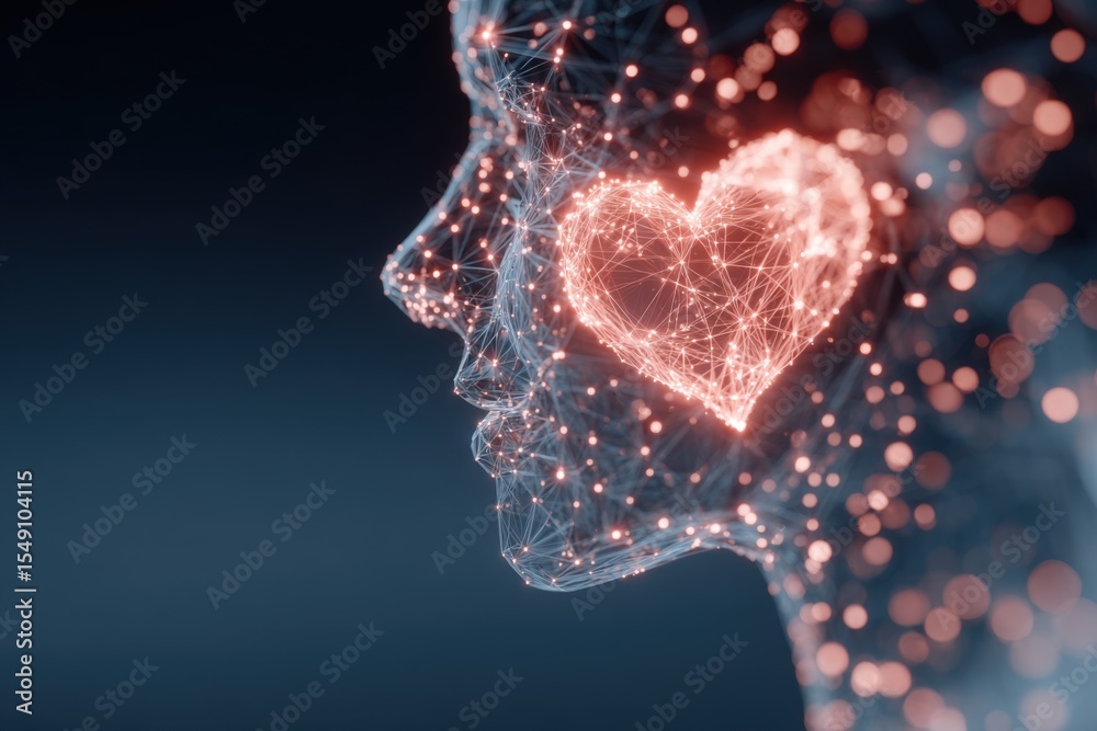 Poster digital of a human face with heart shape in bright light and network effects