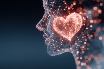 Digital of a Human Face with Heart Shape in Bright Light and Network Effects