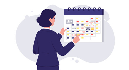 Businesswoman planning schedule on calendar for efficient task management vector illustration