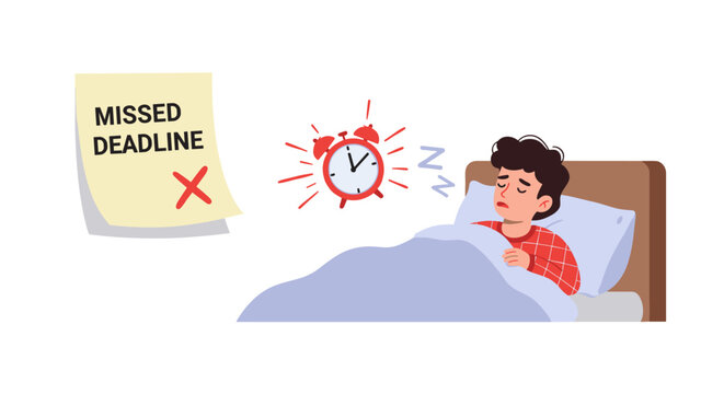 Sleeping man with alarm clock and missed deadline note - concept of procrastination and time management vector illustration