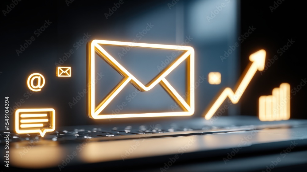 Poster bright neon email symbol with communication icons representing mailing and growth