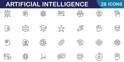 Artificial intelligence line icon set. Included icons as AI, brain, robot, technology, machine learning, deep learning, bot and more. Editable stroke. Vector illustration.