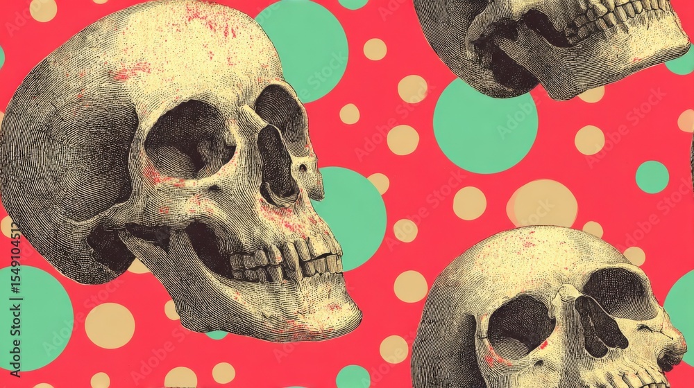 Poster detailed realistic skulls with textured surface on vibrant colorful dotted background