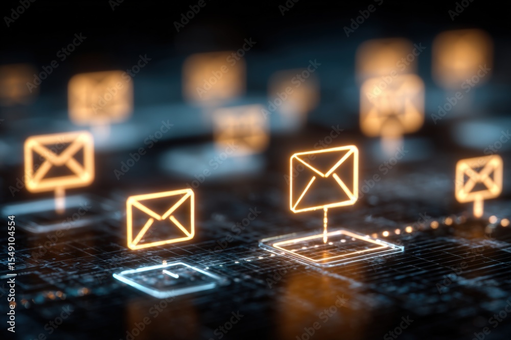 Aufkleber Close-up of illuminated email icons on digital interface representing communication technology