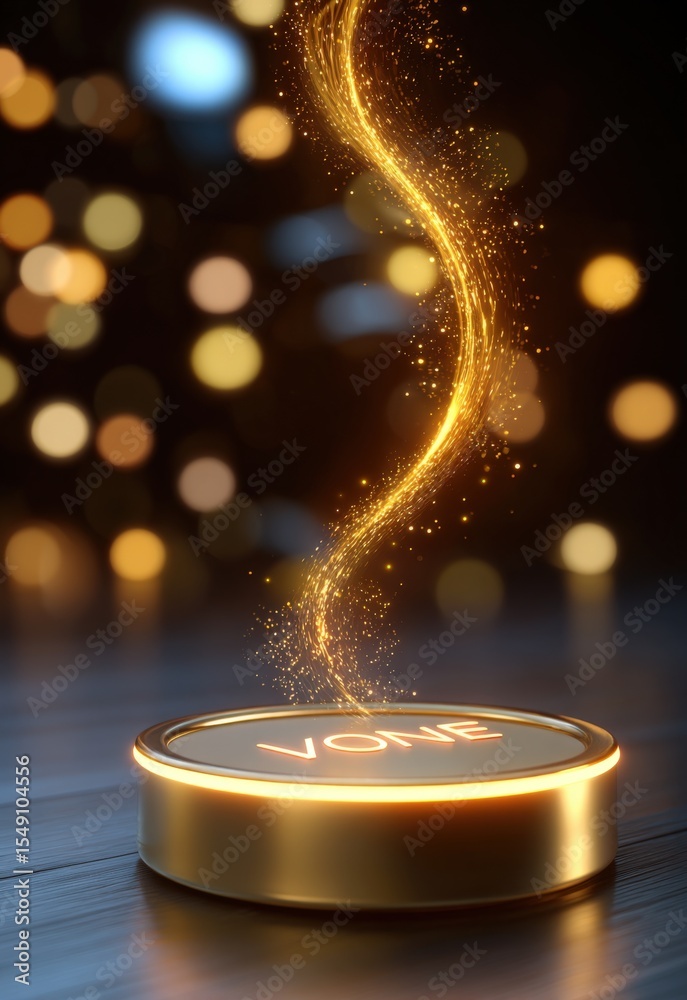 Poster golden hologram effect swirling from a shiny disc on dark background with bokeh light