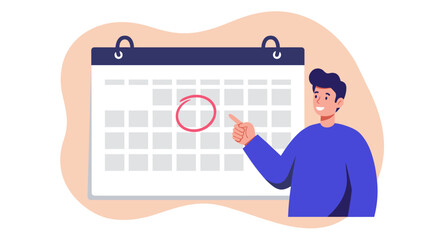 Smiling man pointing at calendar date reminder for event planning and organization vector illustration