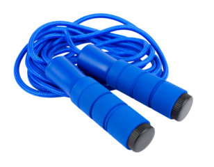 Blue jump rope isolated on white, fitness and cardio tool.