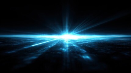 Fototapeta premium Bright Blue Light Burst Over Dark Night Sky with Radiating Beams and Reflection
