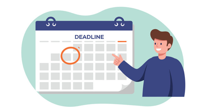 Meeting deadline concept with smiling character pointing at calendar for time management and planning design vector illustration