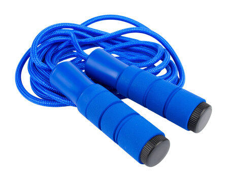 Blue jump rope isolated on white, fitness and cardio tool.