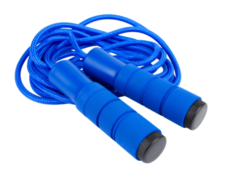 Blue jump rope isolated on white, fitness and cardio tool.