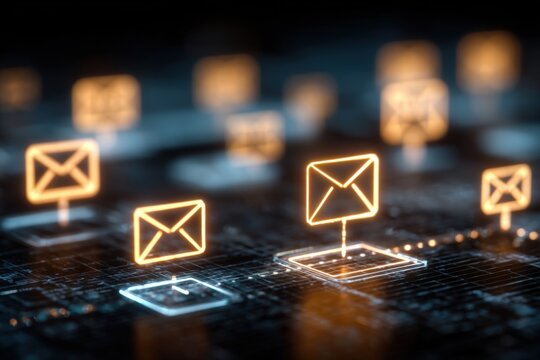 Close-up of illuminated email icons on digital interface representing communication technology