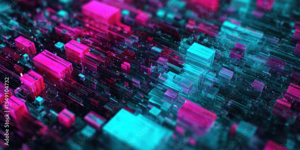 Poster Futuristic Digital Data Circuit Board with Neon Lights and High Tech Connection