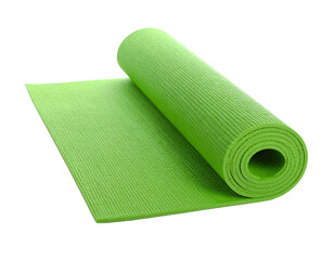 Green yoga mat isolated on white, fitness and exercise accessory.